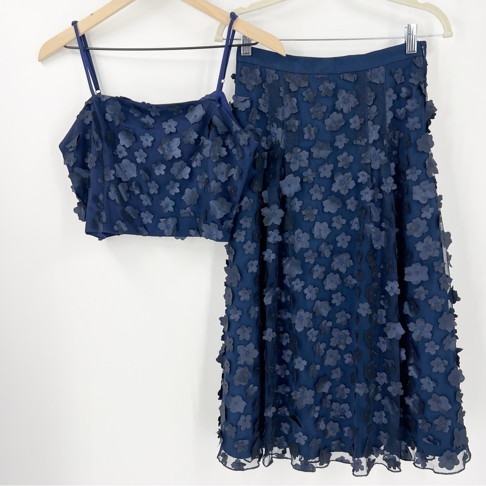 Eva Franco Mesh Top and Skirt Set Navy Petal Floral Cocktail Wedding Guest Sz 4 - Picture 2 of 9